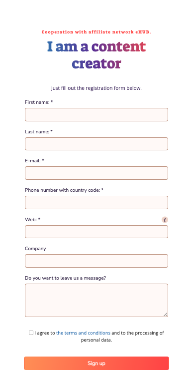 Screen registračního formuláře