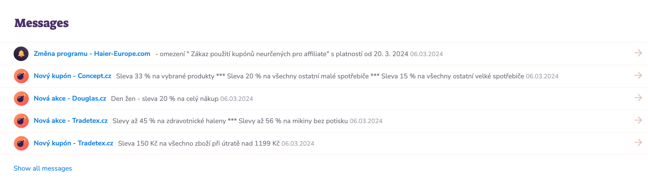 Dashboard a novinky v programech