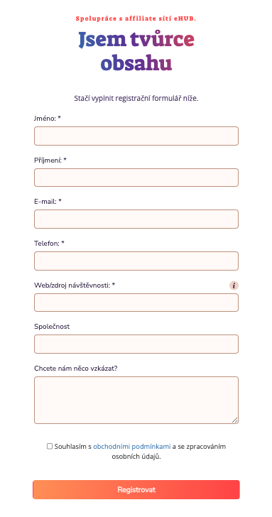 Screen registračního formuláře