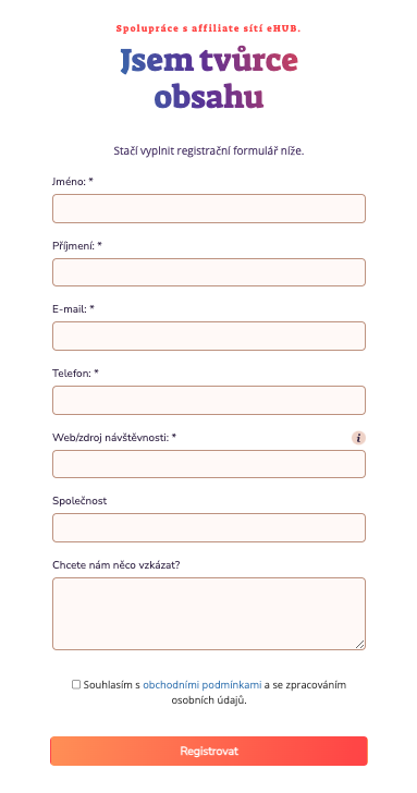 Screen registračního formuláře Screen registračního formuláře