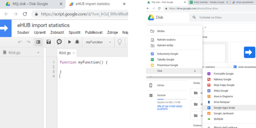 Vytvoříme nový Google Apps Script a pojmenujeme ho, např. eHUB import statistics